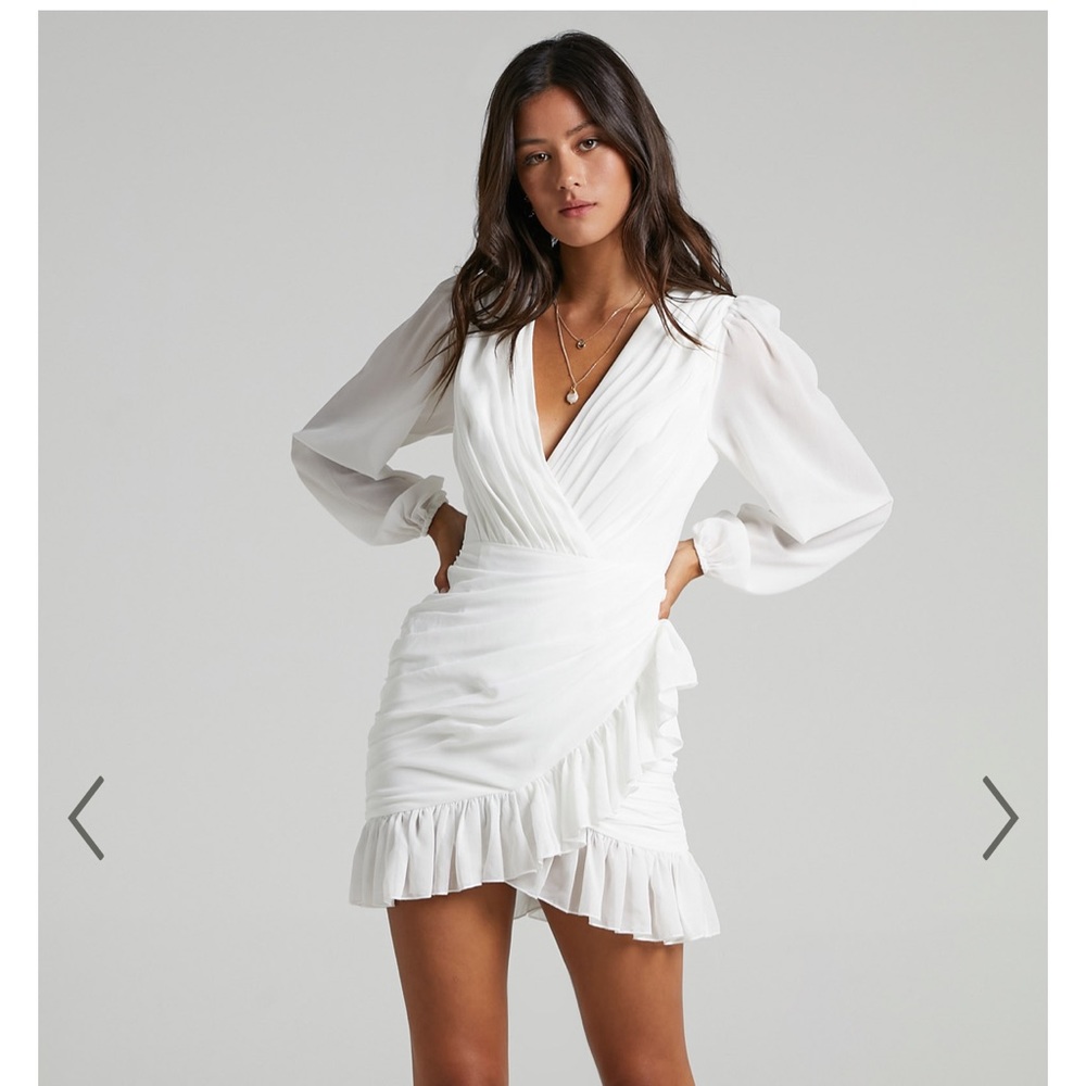 Showpo. “Can I Be Your Honey” Plunge Balloon Sleeve Mini Dress in White